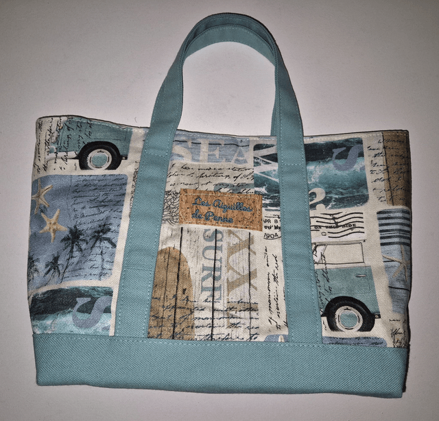 Sac en coton aqua-verde et motifs vacances Modèle Agnès